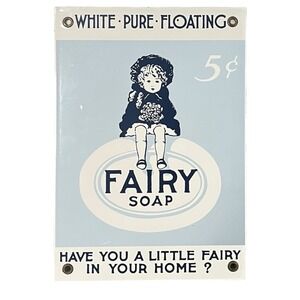 Vtg White-Pure-Floating Fairy Soap Porcelain Metal Sign Andy Rooney 10" X 7"